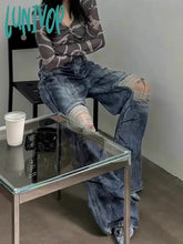 Lunivop Women’s Knee Hole Design Dirty Blue Jeans Summer Cool Girl Wide-Leg Denim Trousers